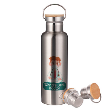 World's Best Doctor, Μεταλλικό παγούρι θερμός (Stainless steel) Ασημένιο με ξύλινο καπακι (bamboo), διπλού τοιχώματος, 750ml