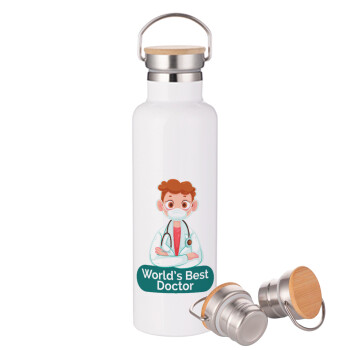 World's Best Doctor, Stainless steel White with wooden lid (bamboo), double wall, 750ml