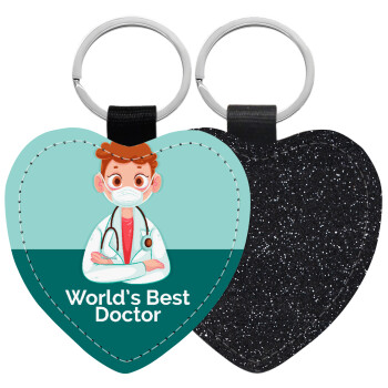 World's Best Doctor, Μπρελόκ PU δερμάτινο glitter καρδιά ΜΑΥΡΟ