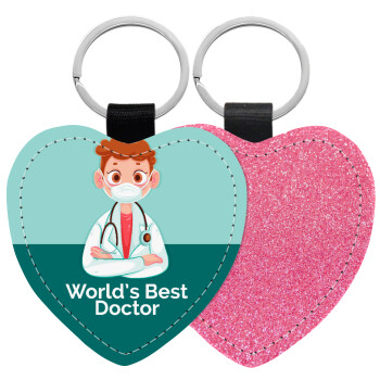 World's Best Doctor, Μπρελόκ PU δερμάτινο glitter καρδιά ΡΟΖ