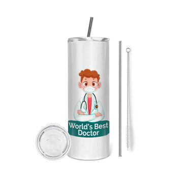 World's Best Doctor, Eco friendly ποτήρι θερμό (tumbler) από ανοξείδωτο ατσάλι 600ml, με μεταλλικό καλαμάκι & βούρτσα καθαρισμού