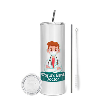 World's Best Doctor, Tumbler ποτήρι θερμό από ανοξείδωτο ατσάλι 600ml, με μεταλλικό καλαμάκι & βούρτσα καθαρισμού