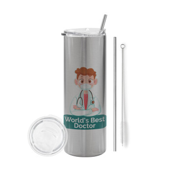 World's Best Doctor, Eco friendly stainless steel Silver tumbler 600ml, with metal straw & cleaning brush