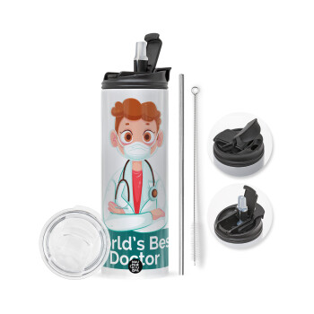 World's Best Doctor, Travel Tumbler 2 Lids, with metal straw & cleaning brush (Stainless steel 304 Food grade, BPA free, 600ml)