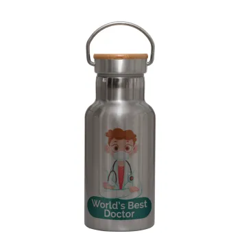World's Best Doctor, Μεταλλικό παγούρι θερμός (Stainless steel) Ασημένιο με ξύλινο καπακι (bamboo), διπλού τοιχώματος, 350ml