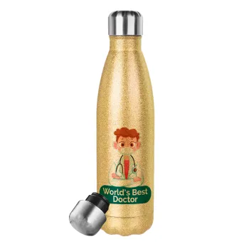 World's Best Doctor, Glitter gold stainless steel thermos bottle, double-walled, 500ml