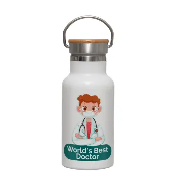 World's Best Doctor, Μεταλλικό παγούρι θερμός (Stainless steel) Λευκό με ξύλινο καπακι (bamboo), διπλού τοιχώματος, 350ml