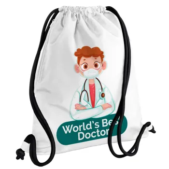 World's Best Doctor, Τσάντα πλάτης πουγκί GYMBAG λευκή, με τσέπη (40x48cm) & χονδρά κορδόνια