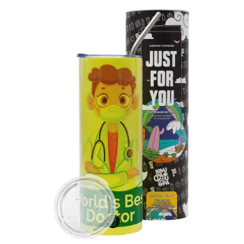 World's Best Doctor, Neon Yellow Travel Tumbler θερμό, μεταλλικό καλαμάκι(Ανωξείδωτο 304 Food grade, BPA free, 600ml)