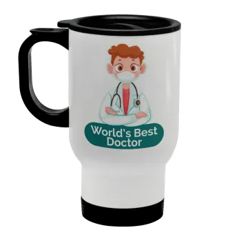 World's Best Doctor, Κούπα ταξιδιού ανοξείδωτη με καπάκι, διπλού τοιχώματος (θερμό) λευκή 450ml
