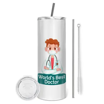 World's Best Doctor, Tumbler ποτήρι θερμό από ανοξείδωτο ατσάλι 600ml, με μεταλλικό καλαμάκι & βούρτσα καθαρισμού