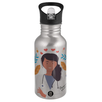 Doctor Thanks You, Water bottle Silver with straw, stainless steel 500ml