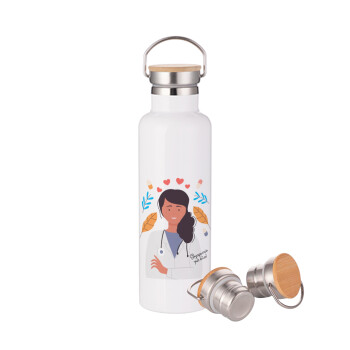 Doctor Thanks You, Stainless steel White with wooden lid (bamboo), double wall, 750ml