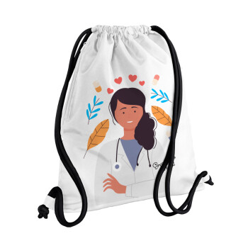 Doctor Thanks You, Τσάντα πλάτης πουγκί GYMBAG λευκή, με τσέπη (40x48cm) & χονδρά κορδόνια