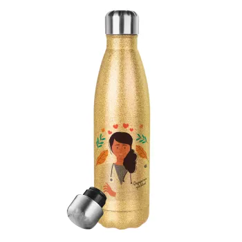 Doctor Thanks You, Glitter gold stainless steel thermos bottle, double-walled, 500ml