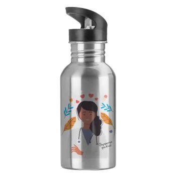 Doctor Thanks You, Water bottle Silver with straw, stainless steel 600ml