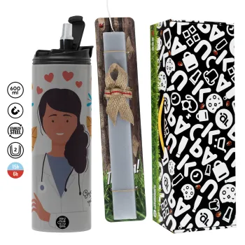 Ευχαριστώ για όλα γιατρέ, Πασχαλινή Λαμπάδα με Travel Tumbler θερμό (600ml, BPA free) & κερί αρωματικό πλακέ (30cm) (ΓΚΡΙ)