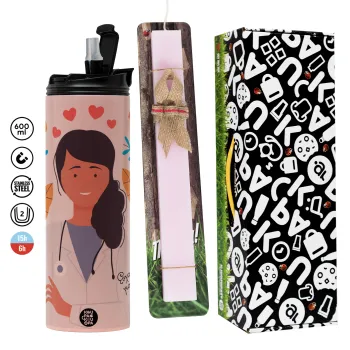 Ευχαριστώ για όλα γιατρέ, Πασχαλινή Λαμπάδα με  ΡΟΖ Travel Tumbler θερμό (600ml, BPA free) & κερί αρωματικό πλακέ (30cm) (ΡΟΖ)