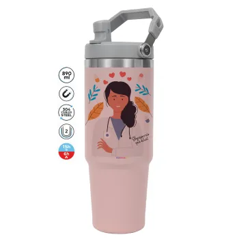 Doctor Thanks You, Pink color, 890ml (30oz) stainless Steel Tumbler with Handle