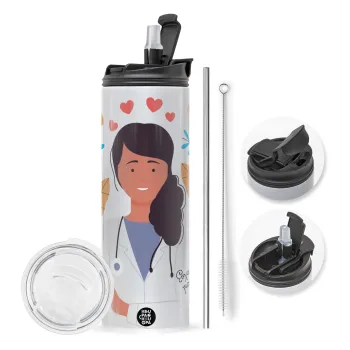 Doctor Thanks You, Travel Tumbler 2 Lids, with metal straw & cleaning brush (Stainless steel 304 Food grade, BPA free, 600ml)