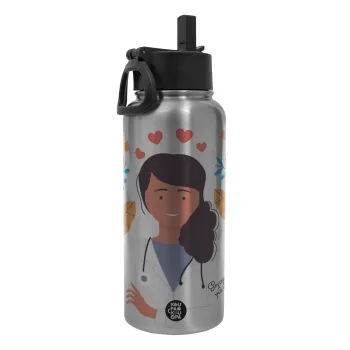 Ευχαριστώ για όλα γιατρέ, Μεταλλικό παγούρι θερμός Silver με καλαμάκι και χερούλι (Stainless steel), διπλού τοιχώματος, 950ml