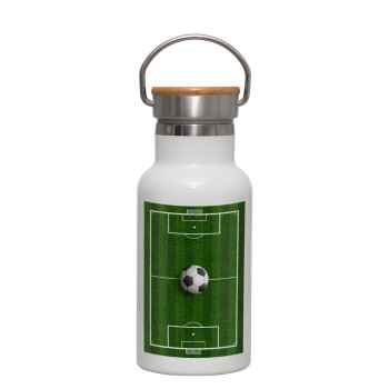 Soccer field, Γήπεδο ποδοσφαίρου, Metallic thermos (Stainless steel) White with wooden lid (bamboo), double-walled, 350ml