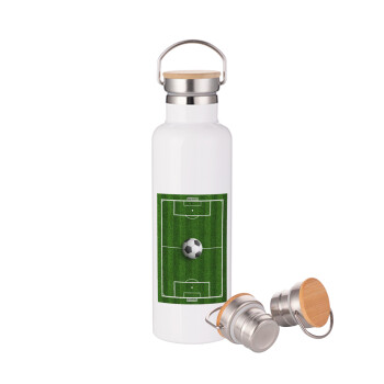 Soccer field, Γήπεδο ποδοσφαίρου, Stainless steel White with wooden lid (bamboo), double wall, 750ml