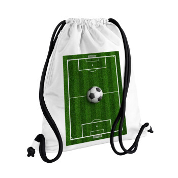Soccer field, Γήπεδο ποδοσφαίρου, Backpack pouch GYMBAG white, with pocket (40x48cm) & thick cords