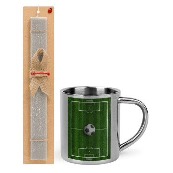 Soccer field, Γήπεδο ποδοσφαίρου, Easter Set, metallic thermal cup (300ml) & Easter aromatic flat candle (30cm) (GRAY)