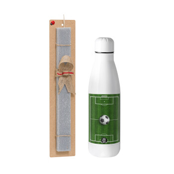 Soccer field, Γήπεδο ποδοσφαίρου, Easter Set, metallic stainless thermos bottle (500ml) & scented flat Easter candle (30cm) (GRAY)
