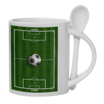 Soccer field, Γήπεδο ποδοσφαίρου, Ceramic coffee mug with Spoon, 330ml (1pcs)