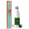 Easter Set, metallic stainless steel water bottle (750ml) & aromatic flat Easter candle (30cm) (TURQUOISE)