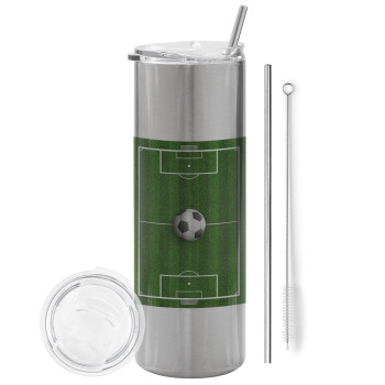 Soccer field, Γήπεδο ποδοσφαίρου, Tumbler stainless steel Silver 600ml, with metal straw & cleaning brush