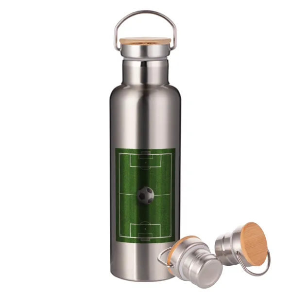 Soccer field — Μεταλλικό παγούρι θερμός (Stainless steel) Ασημένιο με ξύλινο καπακι (bamboo), διπλού τοιχώματος, 750ml