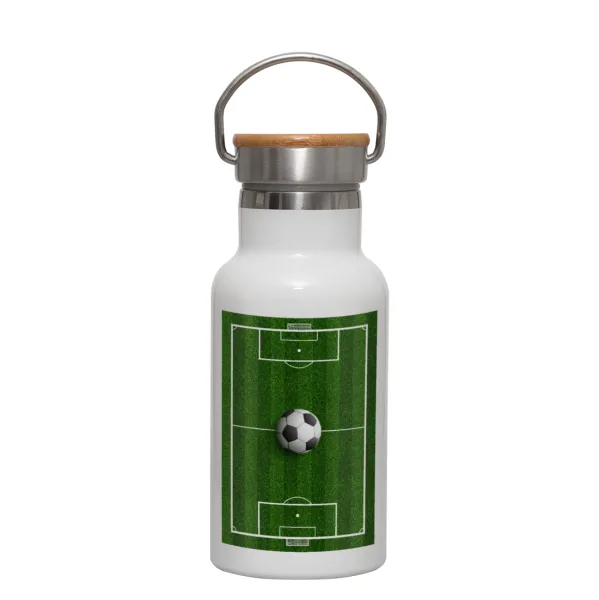 Soccer field — Metallic thermos (Stainless steel) White with wooden lid (bamboo), double-walled, 350ml