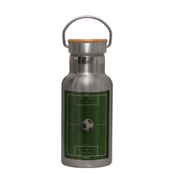 Soccer field, Γήπεδο ποδοσφαίρου, Stainless steel metallic thermos flask, silver with a bamboo lid, double-walled, 350ml.