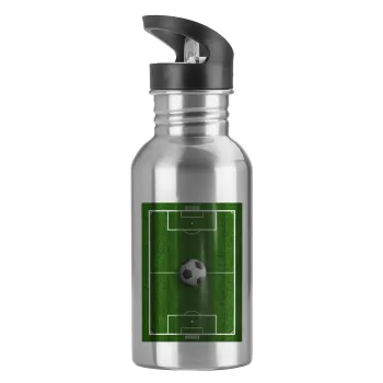 Soccer field, Γήπεδο ποδοσφαίρου, Παγούρι νερού Ασημένιο με καλαμάκι, ανοξείδωτο ατσάλι 600ml