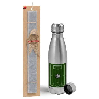 Soccer field, Γήπεδο ποδοσφαίρου, Easter Set, metallic Inox water bottle (750ml) & aromatic flat Easter candle (30cm) (GRAY)