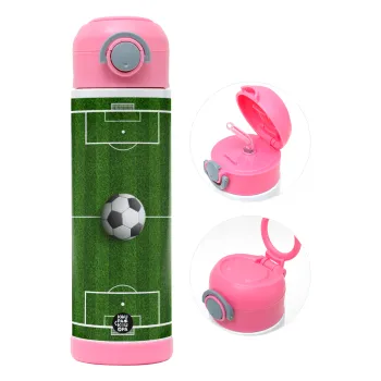Soccer field, Γήπεδο ποδοσφαίρου, Children's hot water bottle, stainless steel, with safety straw, PINK (500ml)