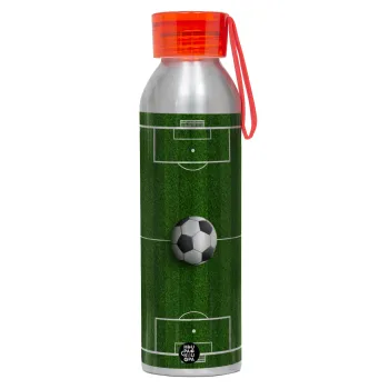 Soccer field, Γήπεδο ποδοσφαίρου, Αλουμινένιο Αθλητικό Μπουκάλι 650ml – Ασημί με Κόκκινο Καπάκι και Λουράκι Σιλικόνης