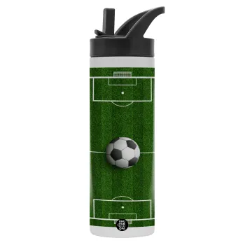 Soccer field, Γήπεδο ποδοσφαίρου, Metallic thermos bottle with straw & handle, stainless steel (Stainless steel 304), double-walled, 600ml.