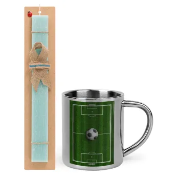 Soccer field, Γήπεδο ποδοσφαίρου, Easter Set, metallic thermal cup (300ml) & aromatic flat Easter candle (30cm) (TURQUOISE)