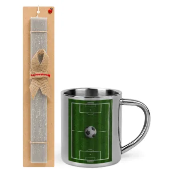 Soccer field, Γήπεδο ποδοσφαίρου, Easter Set, metallic thermal cup (300ml) & Easter aromatic flat candle (30cm) (GRAY)