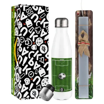 Soccer field, Γήπεδο ποδοσφαίρου, Easter candle, metallic white thermos bottle (500ml) & aromatic flat candle (30cm) (GRAY)