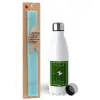 Easter Set, metallic stainless steel water bottle (750ml) & aromatic flat Easter candle (30cm) (TURQUOISE)