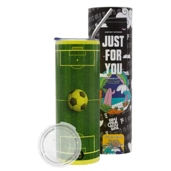 Soccer field, Γήπεδο ποδοσφαίρου, Neon Yellow Travel Tumbler θερμό, μεταλλικό καλαμάκι(Ανωξείδωτο 304 Food grade, BPA free, 600ml)