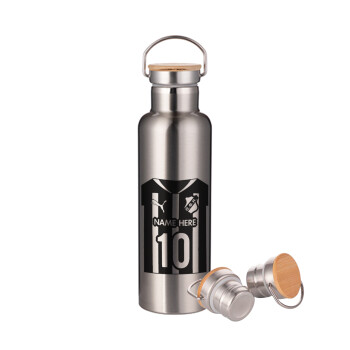 ΟΦΗ εμφάνιση, Μεταλλικό παγούρι θερμός (Stainless steel) Ασημένιο με ξύλινο καπακι (bamboo), διπλού τοιχώματος, 750ml