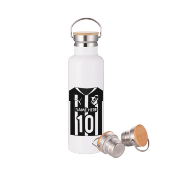 ΟΦΗ εμφάνιση, Μεταλλικό παγούρι θερμός (Stainless steel) Λευκό με ξύλινο καπάκι (bamboo), διπλού τοιχώματος, 750ml