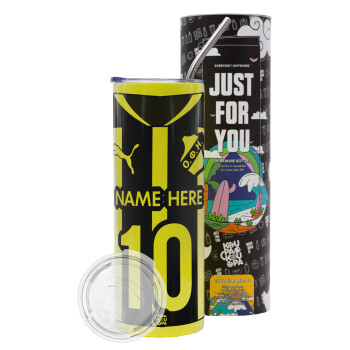 ΟΦΗ εμφάνιση, Neon Yellow Travel Tumbler θερμό, μεταλλικό καλαμάκι(Ανωξείδωτο 304 Food grade, BPA free, 600ml)