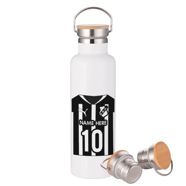 ΟΦΗ εμφάνιση — Μεταλλικό παγούρι θερμός (Stainless steel) Λευκό με ξύλινο καπάκι (bamboo), διπλού τοιχώματος, 750ml
